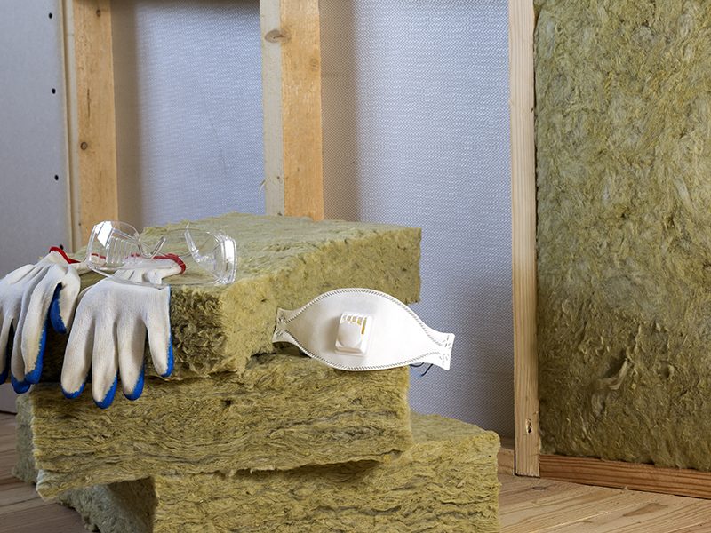 Rock wool and fiberglass insulation staff material for cold barrier. Tools for work with glass wool: protective goggles, glasses and mask. Warm home, economy, construction and renovation concept.