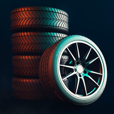 Tires 5 lines on a black background. 3d render and illustration.